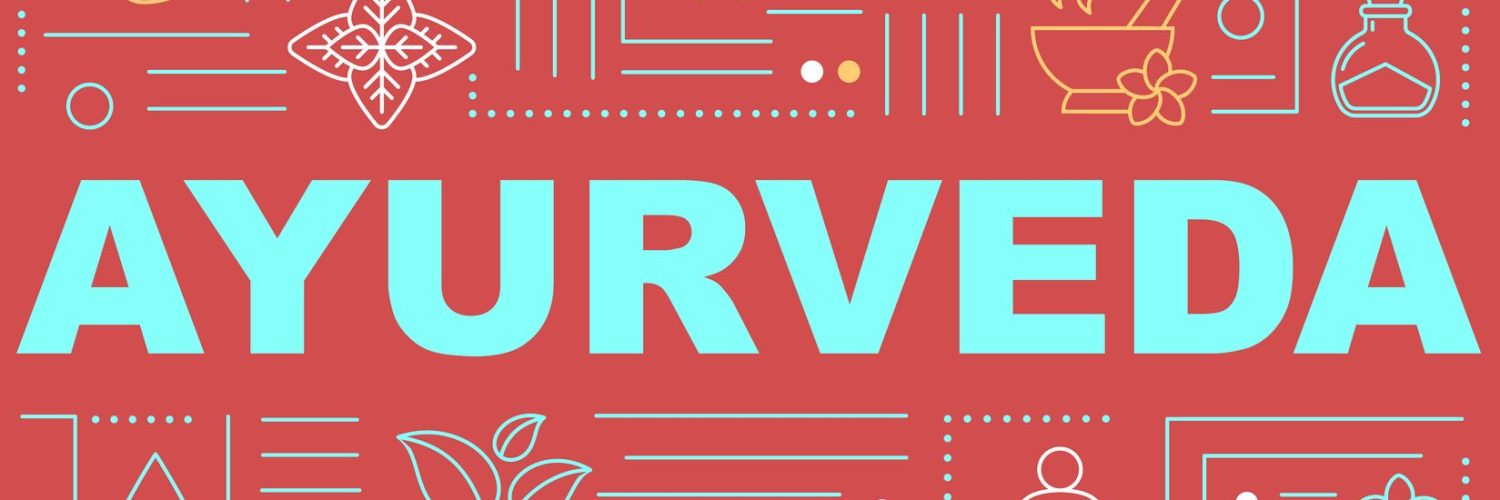 Ayurveda word concepts banner. Ayurvedic medicine. Holistic healing. Illness prevention. Infographics with linear icons on red background. Isolated typography. Vector outline RGB color illustration