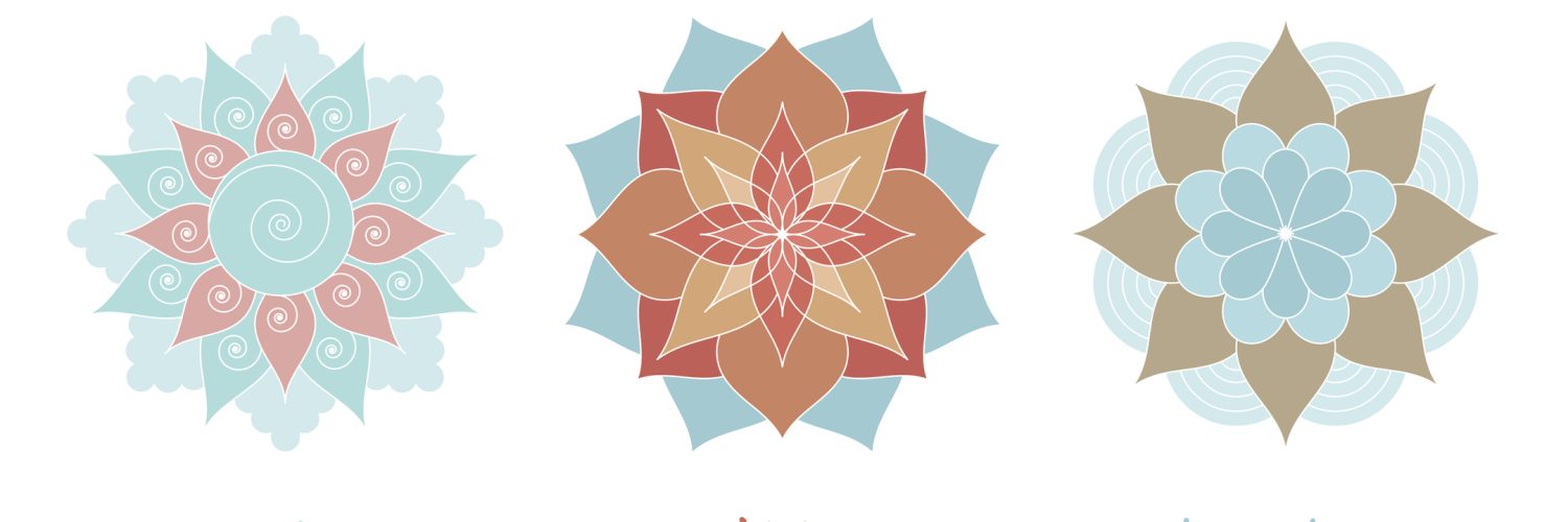 Ayurveda three doshas icons, mandalas. Vata, pitta and kapha doshas. Ayurvedic body types. Vector illustration